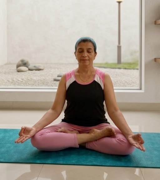 Person seated cross-legged with eyes closed, observing the breath in quiet meditation