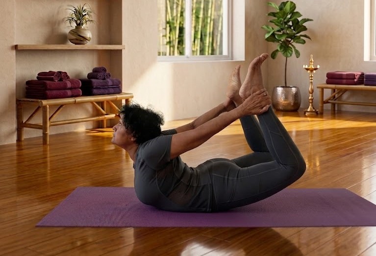 Practitioner in Dhanurasana, the bow pose, balancing on the abdomen while holding both ankles