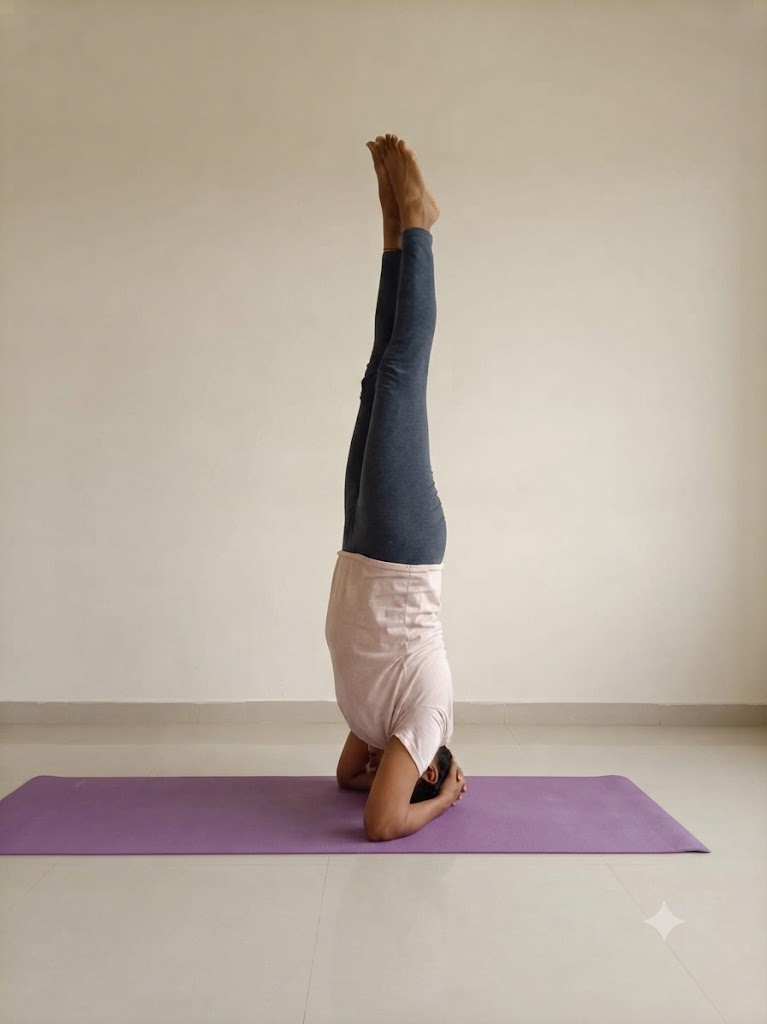 Practitioner in Shirsasana, the headstand, balancing vertically on the forearms and crown of the head