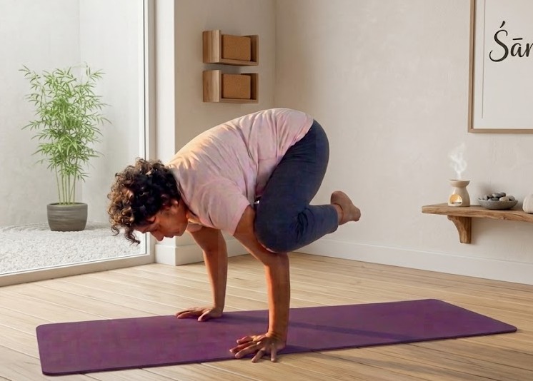 Practitioner balancing on the hands in Bakasana, the crow pose, with knees resting on the upper arms