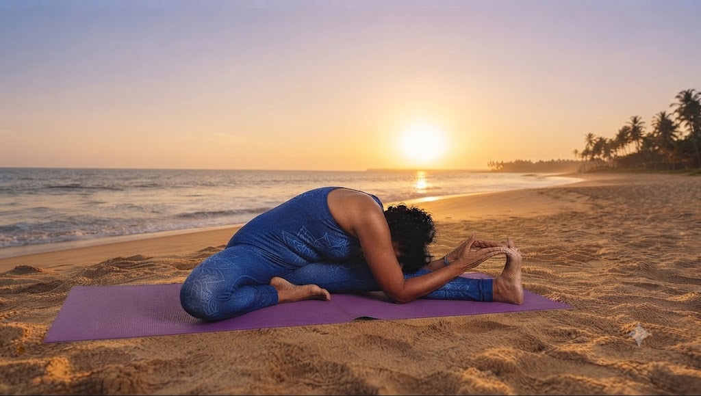 Practitioner folding forward over one extended leg in Janu Sirsasana