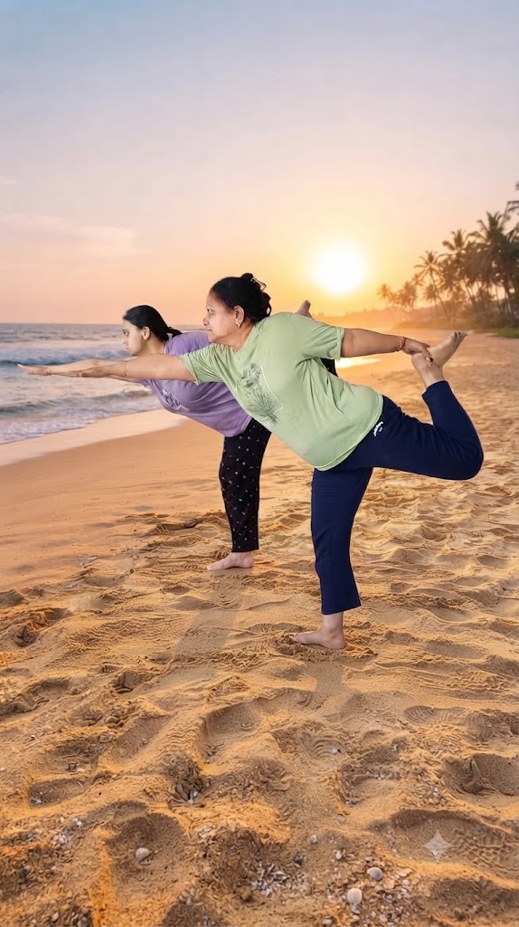 A teacher demonstrating a yoga pose in a bright studio