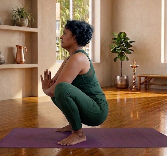 A teacher demonstrating a yoga pose in a bright studio