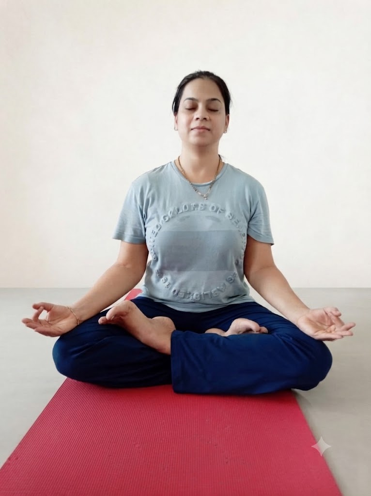 Practitioner seated in Padmasana, the lotus pose, hands resting on the knees in meditation