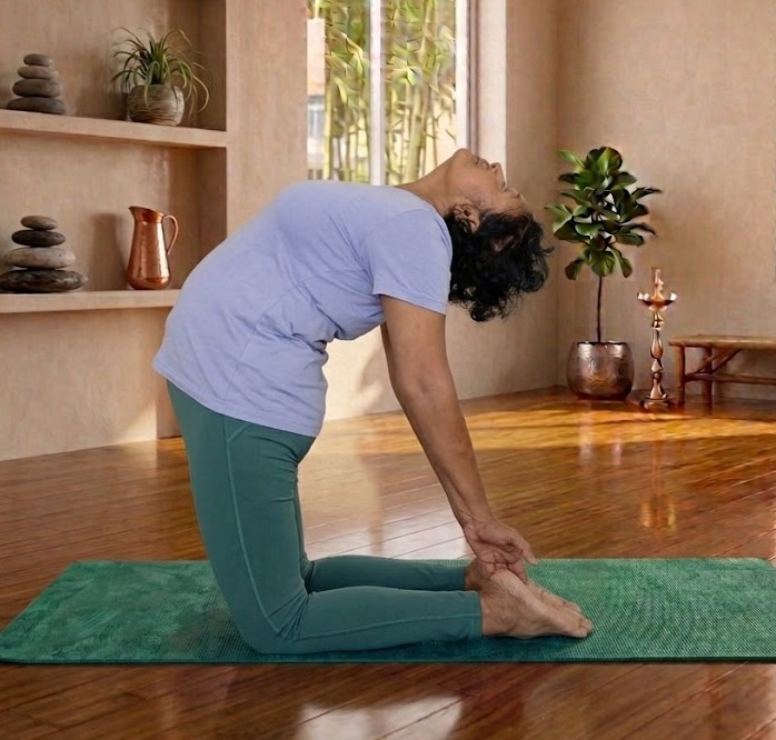 Kneeling practitioner arched backward in Ustrasana, the camel pose